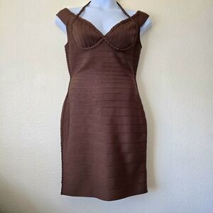 Women Sz XL Brown Bandage Midi Dress Zip Braided Bodycon Party Romantic Feminine